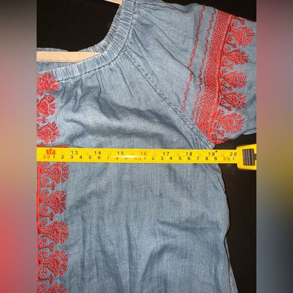 Madewell Embroidered Indigo Mercado Chambray Off Shoulder Dress NO BELT EUC S - Picture 7 of 8